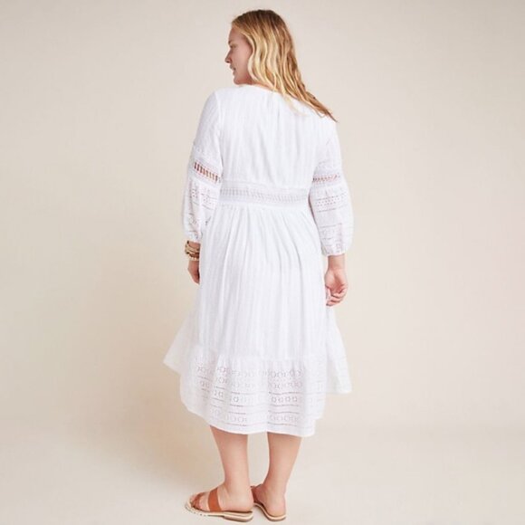 ANTHROPOLOGIE Ebba White Eyelet Midi Peasant Dress with Button Front - Picture 3 of 10